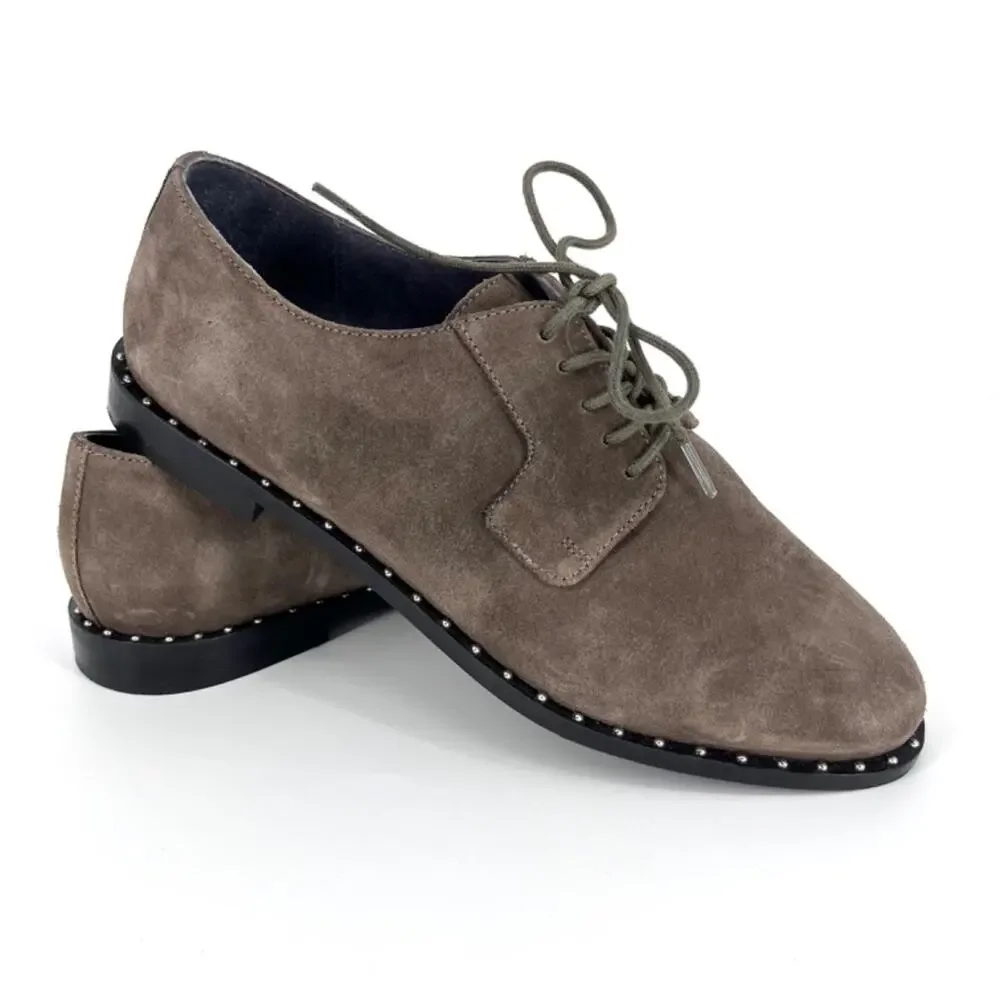 Anthropologie Liendo‎ Yuma Derby Lace Up Shoes Brown Suede w Silver Studs Size 8